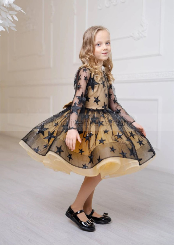 Black And Gold Star Sparkly Flower Girl Dress